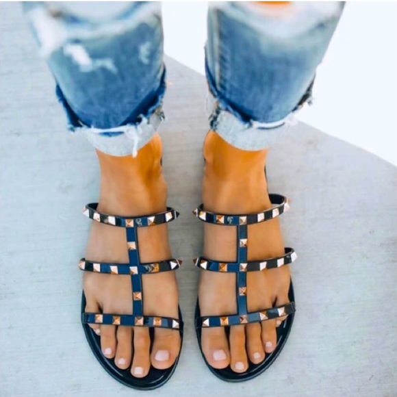 NWT | Black Gold Studded Flat Sandals - Picture 4 of 4